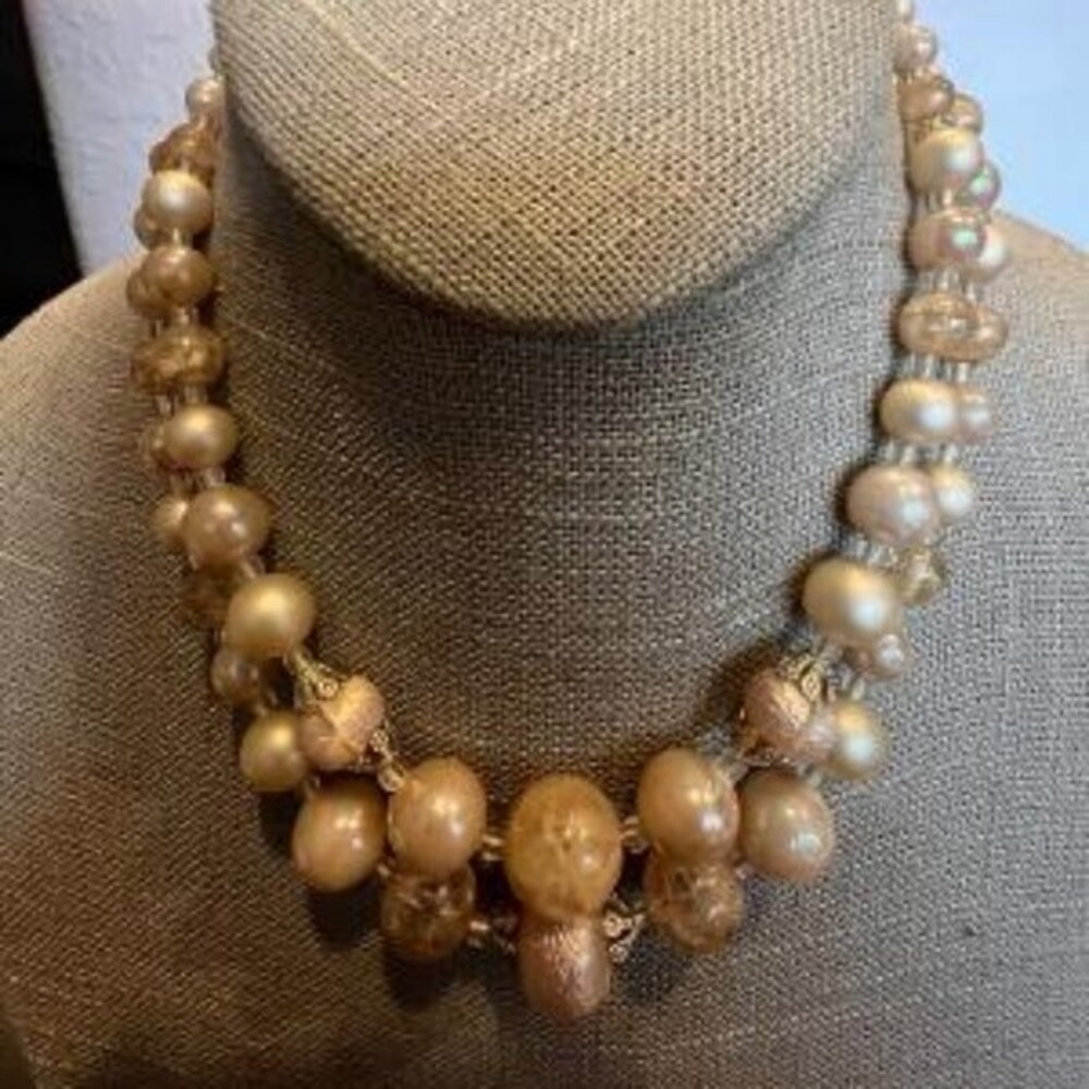 Vintage Double Strand Faux Pearl & Bead Choker Necklace